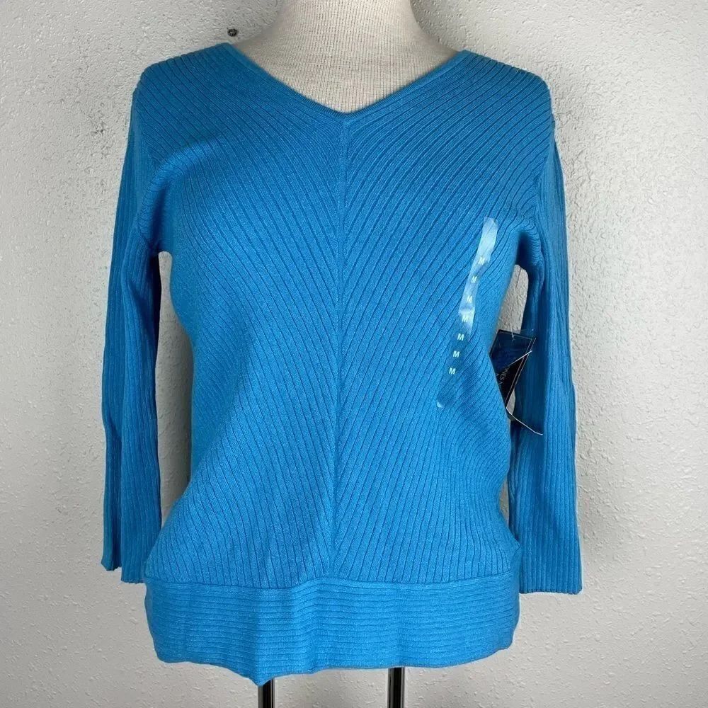 NWT Jones New York Womens V-Neck 3/4 Sleeve Sky Blue Sweater Size L